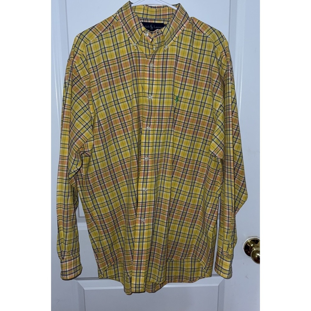 Polo Ralph Lauren‎ Button Down Dress Shirt Yellow Plaid Size Large
